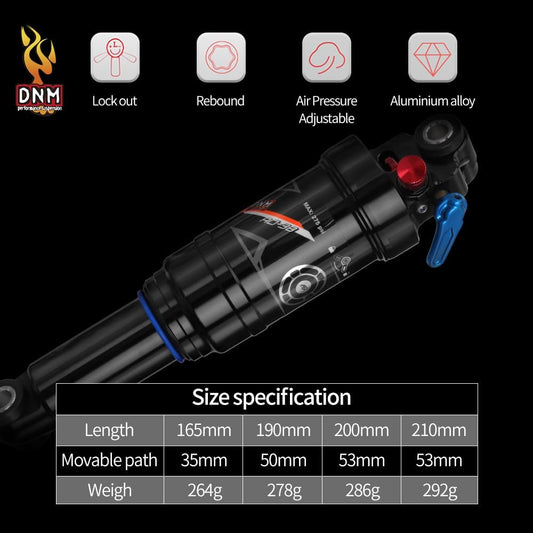 DNM AO-38RC Mtb Rear Shock Bike Air Rear Shock Rebound/Lock Out - Manual Remote - Adjustable Air Pressure (165 x 35 mm (6.50" x 1.38"))