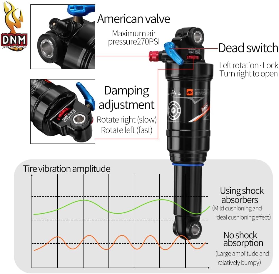DNM AO-38RC Mtb Rear Shock Bike Air Rear Shock Rebound/Lock Out - Manual Remote - Adjustable Air Pressure (165 x 35 mm (6.50" x 1.38"))