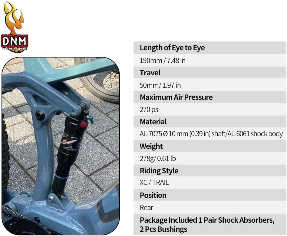 DNM AO-38RC Mtb Rear Shock Bike Air Rear Shock Rebound/Lock Out - Manual Remote - Adjustable Air Pressure (165 x 35 mm (6.50" x 1.38"))
