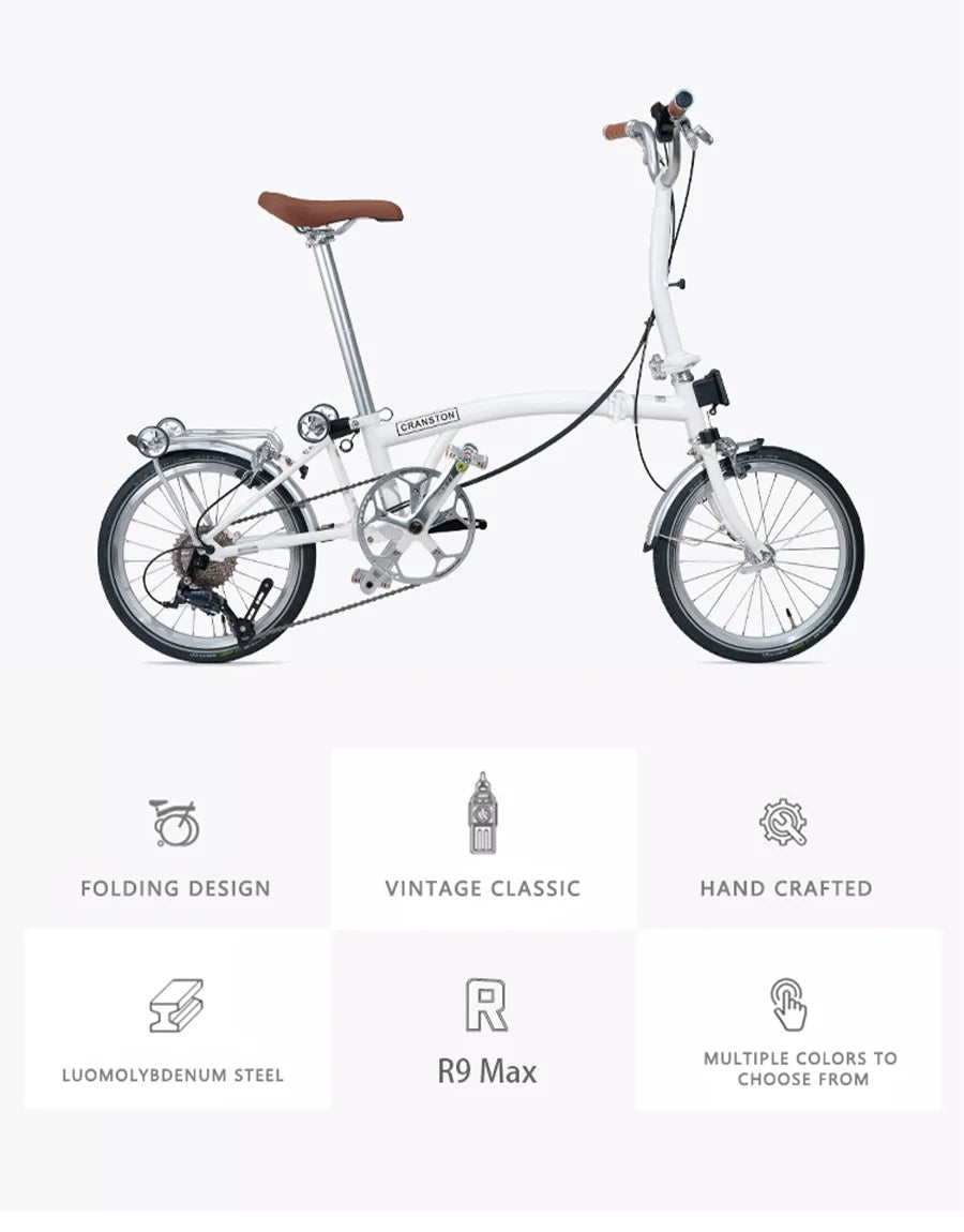 CRANSTON R9 Max Snowy White City Bike M-Handle/S-Handle 9-Speed 16 inch Small Cloth Lightweight and Portable Folding Bicycle
