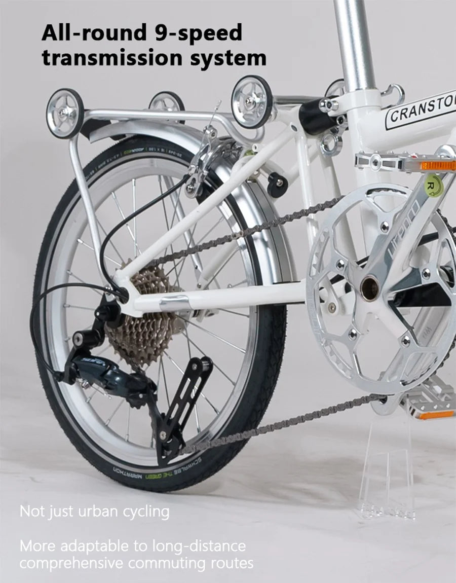 CRANSTON R9 Max Snowy White City Bike M-Handle/S-Handle 9-Speed 16 inch Small Cloth Lightweight and Portable Folding Bicycle