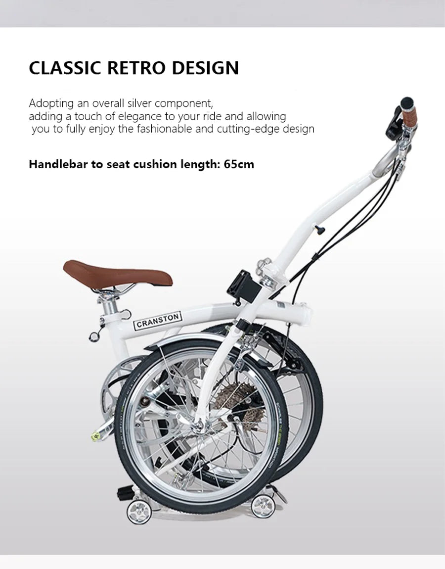 CRANSTON R9 Max Snowy White City Bike M-Handle/S-Handle 9-Speed 16 inch Small Cloth Lightweight and Portable Folding Bicycle