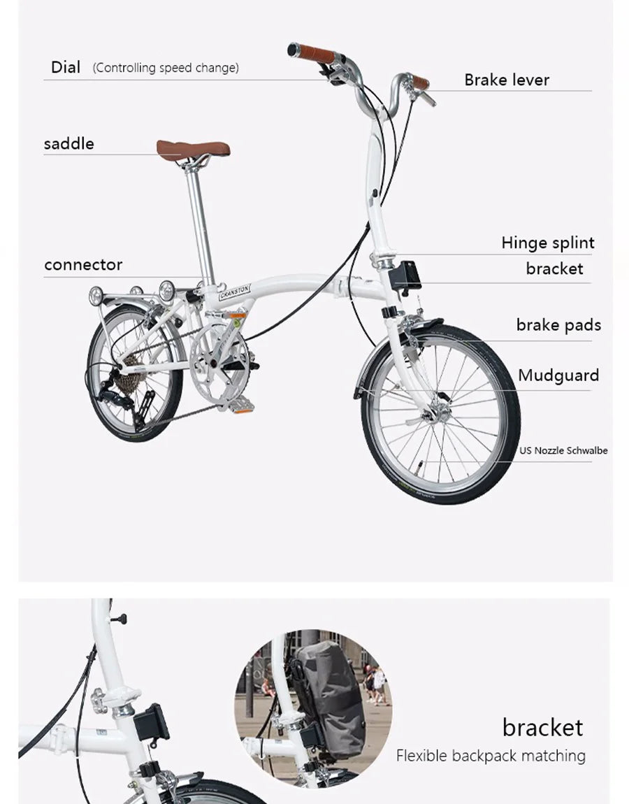 CRANSTON R9 Max Snowy White City Bike M-Handle/S-Handle 9-Speed 16 inch Small Cloth Lightweight and Portable Folding Bicycle