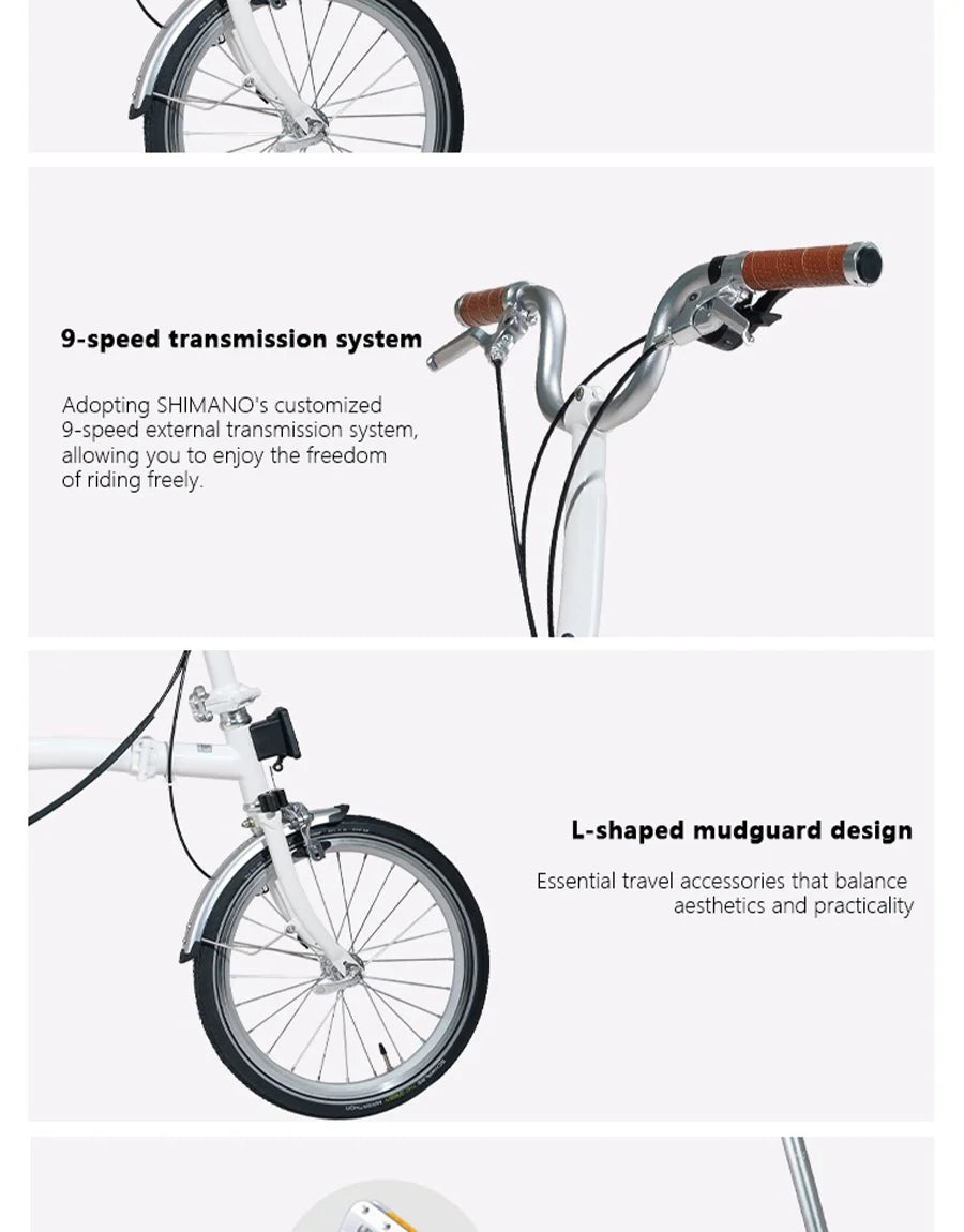 CRANSTON R9 Max Snowy White City Bike M-Handle/S-Handle 9-Speed 16 inch Small Cloth Lightweight and Portable Folding Bicycle