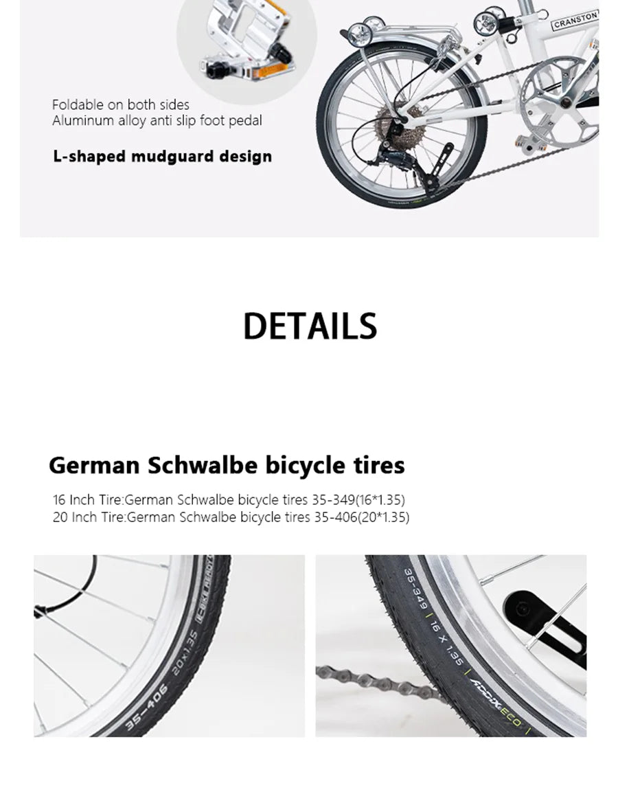 CRANSTON R9 Max Snowy White City Bike M-Handle/S-Handle 9-Speed 16 inch Small Cloth Lightweight and Portable Folding Bicycle