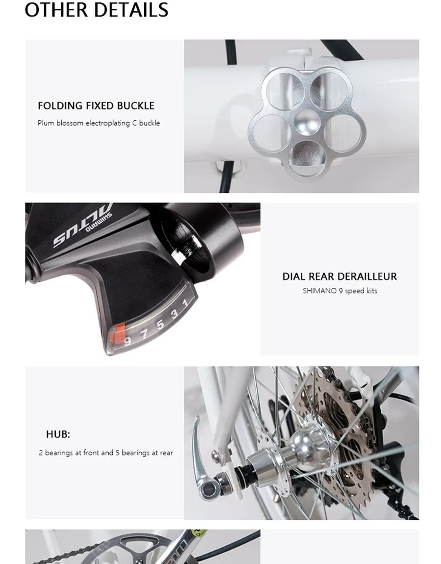 CRANSTON R9 Max Snowy White City Bike M-Handle/S-Handle 9-Speed 16 inch Small Cloth Lightweight and Portable Folding Bicycle