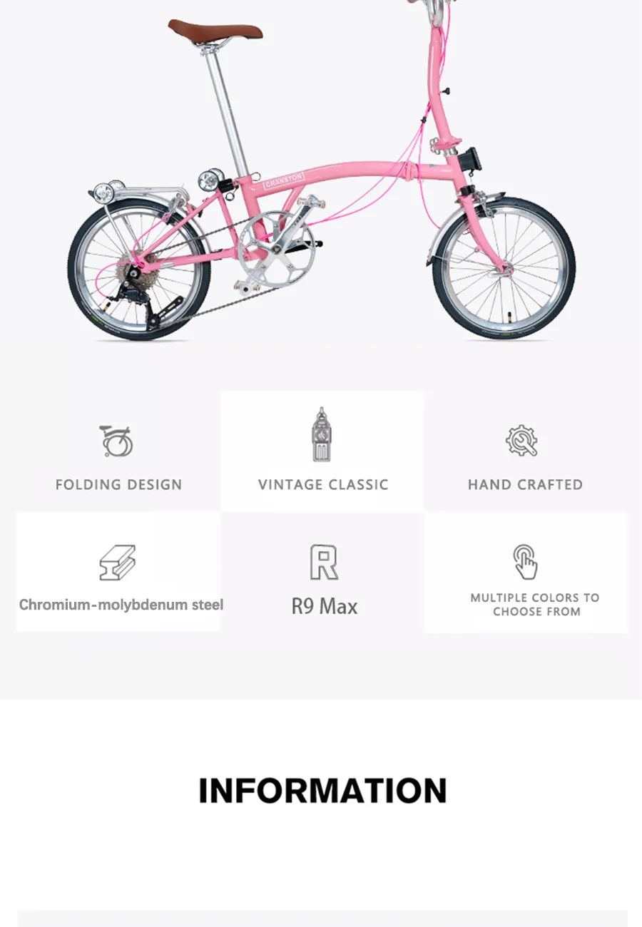 CRANSTON Tri-fold bicycle Chrome-molybdenum Steel ultra-light portable Folding Bike 16-inch 9-speed retro City commuting Bike