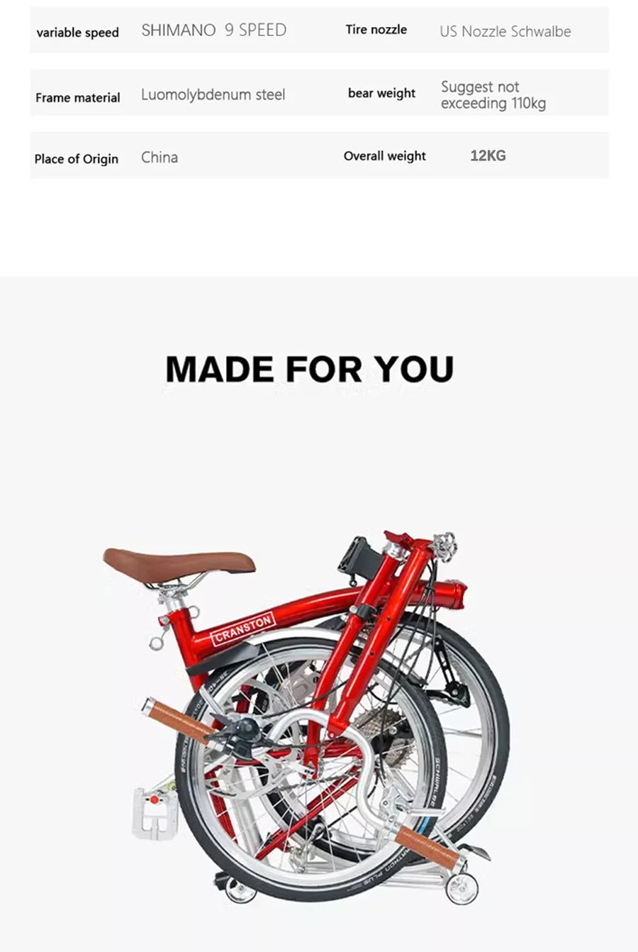 CRANSTON Portable 20 Inch 9 Speed Double V Brake Tri Fold Frame 53T CNC Crankset 20 Inch Wheel Small Folding City Bicycle