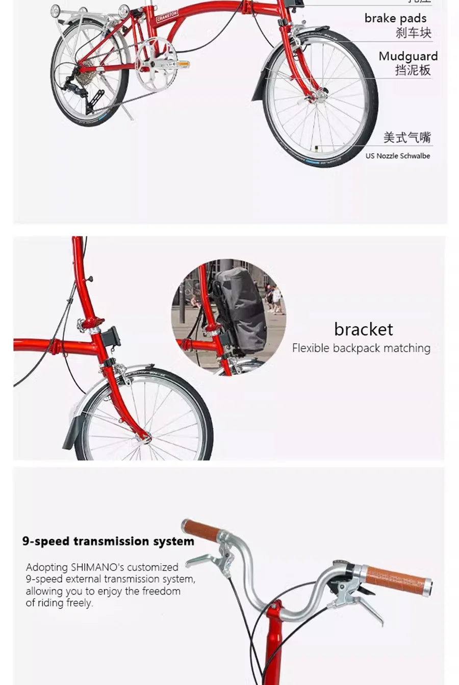 CRANSTON Portable 20 Inch 9 Speed Double V Brake Tri Fold Frame 53T CNC Crankset 20 Inch Wheel Small Folding City Bicycle