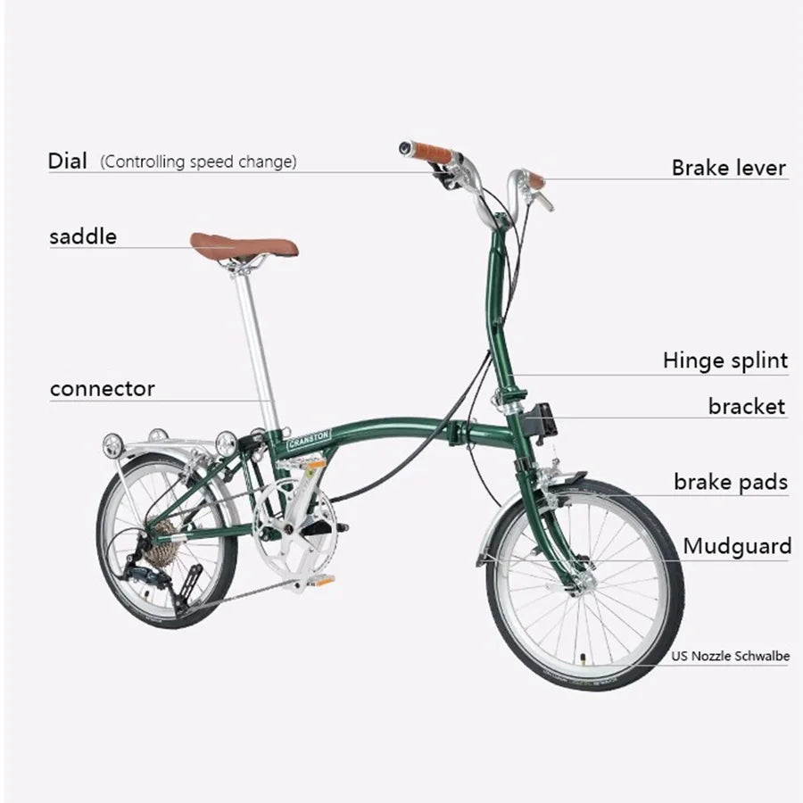 CRANSTON 16Inch Lightweight Folding Bike 9speed C Brake System M Handlebar Chrome-molybdenum Steel Frame Portable Bicycle