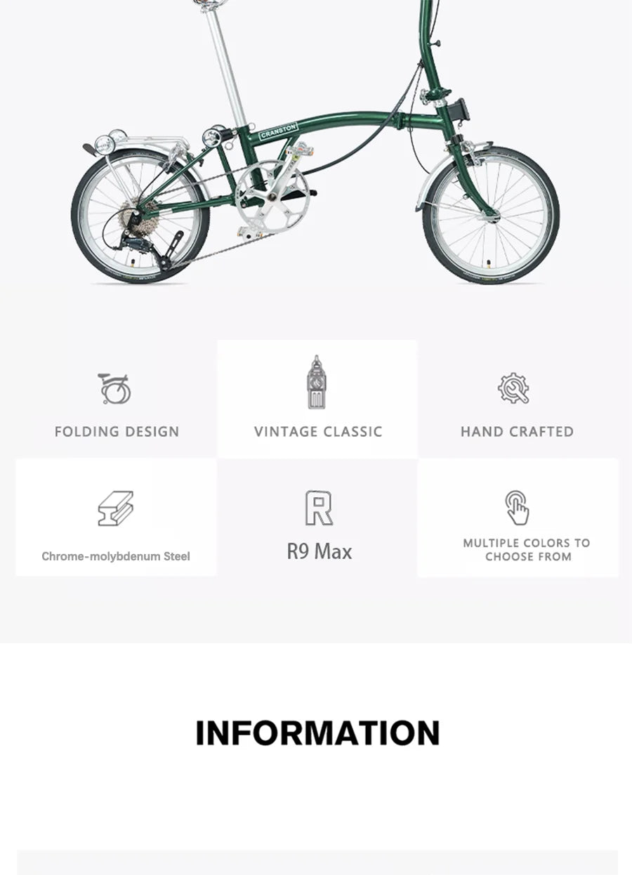 CRANSTON 16Inch Lightweight Folding Bike 9speed C Brake System M Handlebar Chrome-molybdenum Steel Frame Portable Bicycle