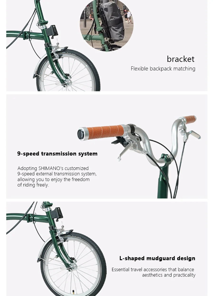 CRANSTON 16Inch Lightweight Folding Bike 9speed C Brake System M Handlebar Chrome-molybdenum Steel Frame Portable Bicycle