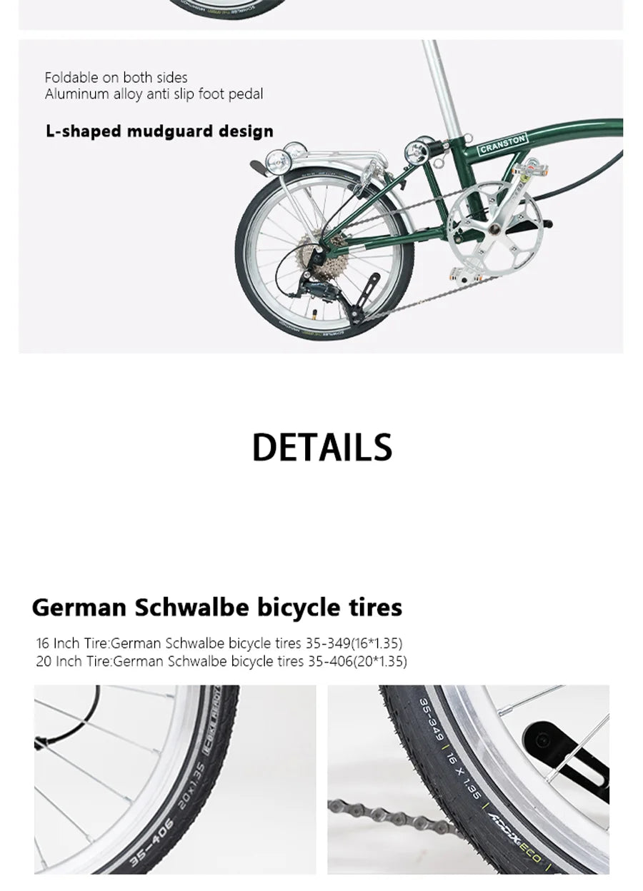 CRANSTON 16Inch Lightweight Folding Bike 9speed C Brake System M Handlebar Chrome-molybdenum Steel Frame Portable Bicycle