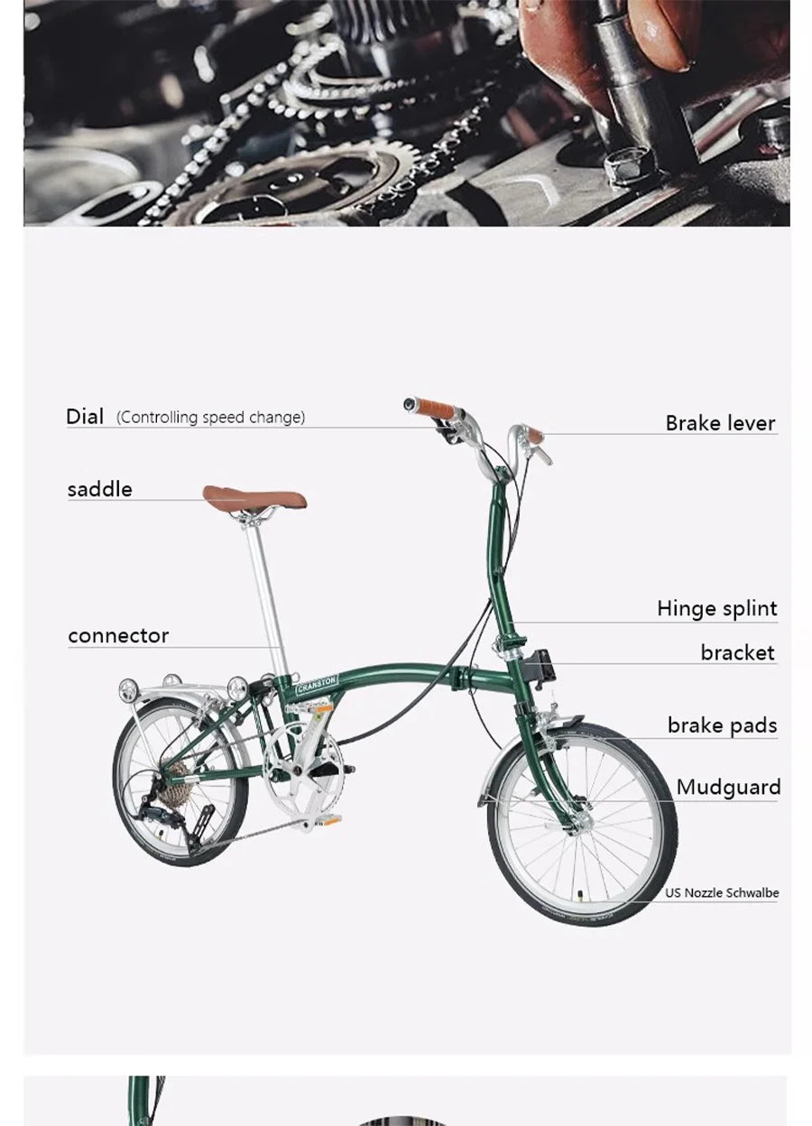 CRANSTON 16Inch Lightweight Folding Bike 9speed C Brake System M Handlebar Chrome-molybdenum Steel Frame Portable Bicycle