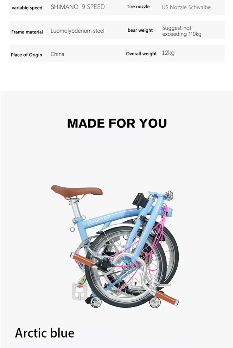 CRANSTON Lightweight Folding Bicycle 16 inch 9speed Aluminum Bicycle Small Wheel Bicycle Convenient to Carry for City Travel