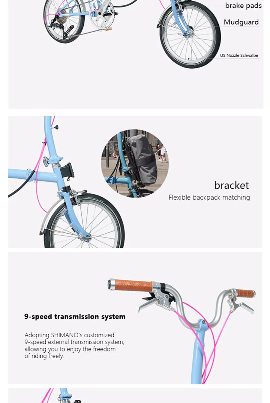 CRANSTON Lightweight Folding Bicycle 16 inch 9speed Aluminum Bicycle Small Wheel Bicycle Convenient to Carry for City Travel