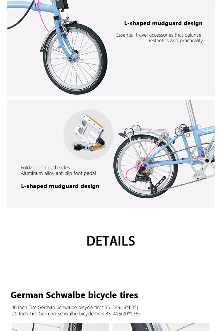 CRANSTON Lightweight Folding Bicycle 16 inch 9speed Aluminum Bicycle Small Wheel Bicycle Convenient to Carry for City Travel
