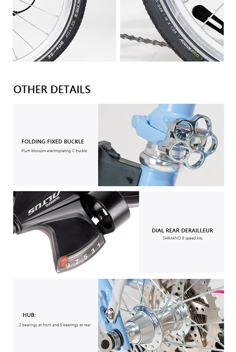 CRANSTON Lightweight Folding Bicycle 16 inch 9speed Aluminum Bicycle Small Wheel Bicycle Convenient to Carry for City Travel