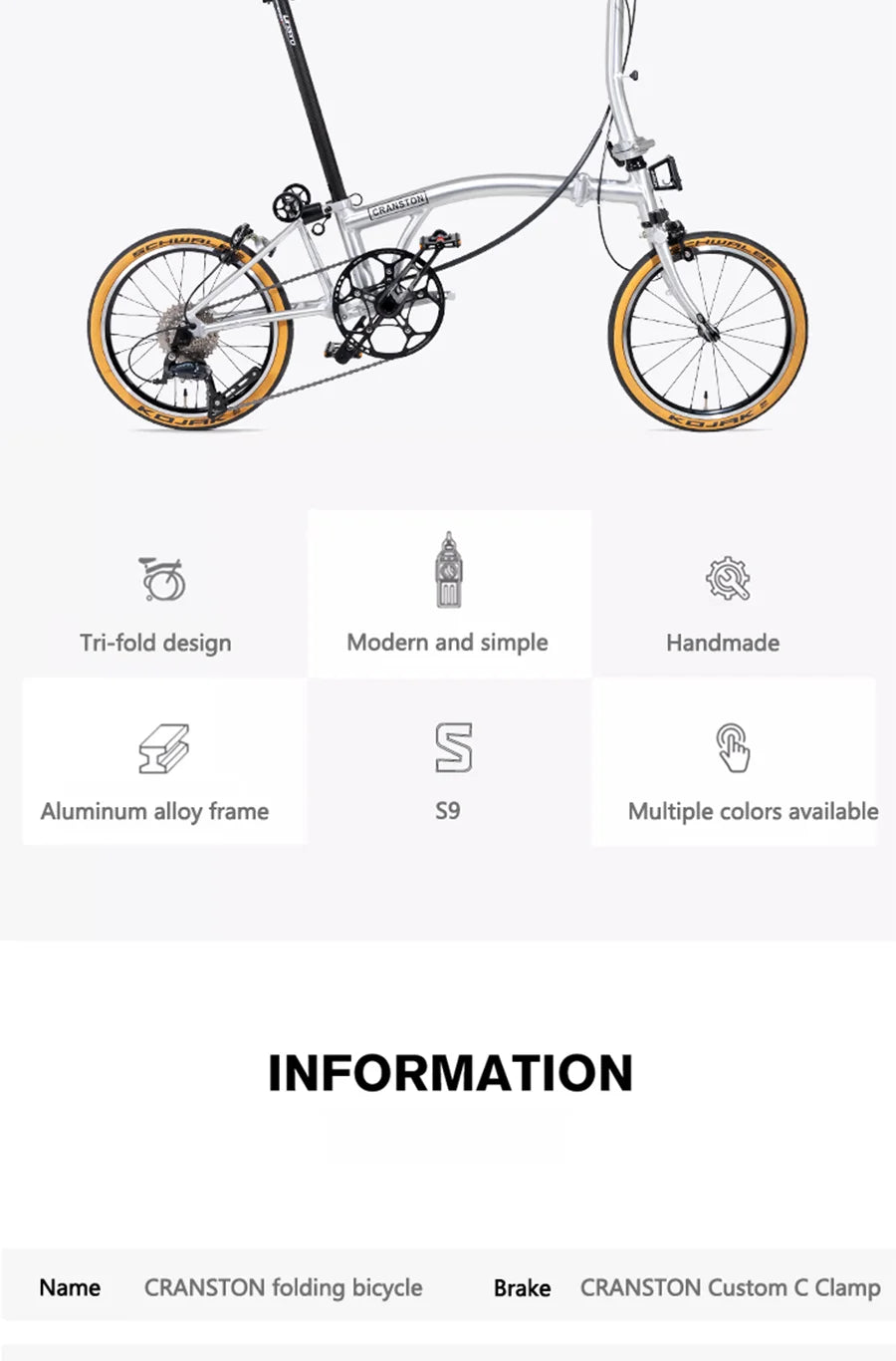 CRANSTON S9 Aluminum Alloy Frame 16 Inch 9 Speed Triple Folding Bike Adult Super Light and Portable Bicycle