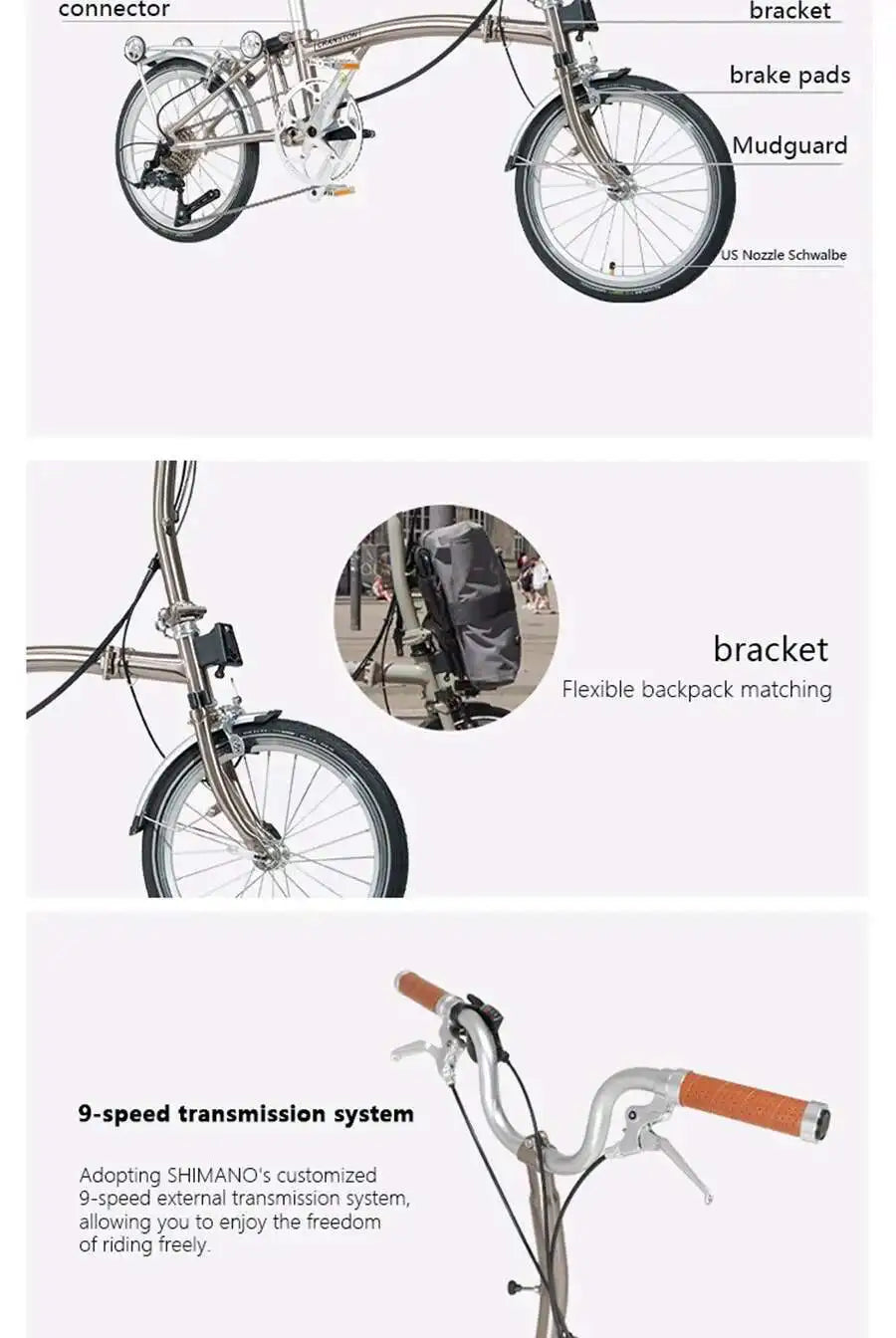 CRANSTON Lightweight Bicycle Tri-fold Design 16Inch 9 Speed Full Shockingproof Frame Dual C-Brake Portable Outdoor MINI Bike