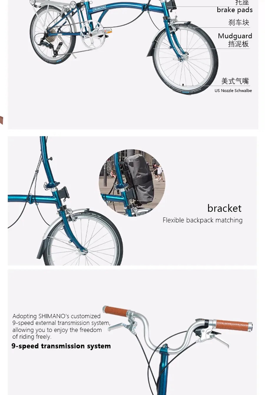Cranston16 Inch 9-Speed Lightweight Foldable Bike Chromoly Steel Frame Dual C-Brakes Bicycle Quick Fold for Easy Carry