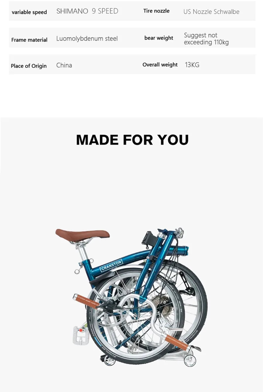 CRANSTON 20 inch 9-speed Aluminium Alloy Folding Bike with Dual C- Brake Lightweight 406wheel Portable Adult Folding Bicycle