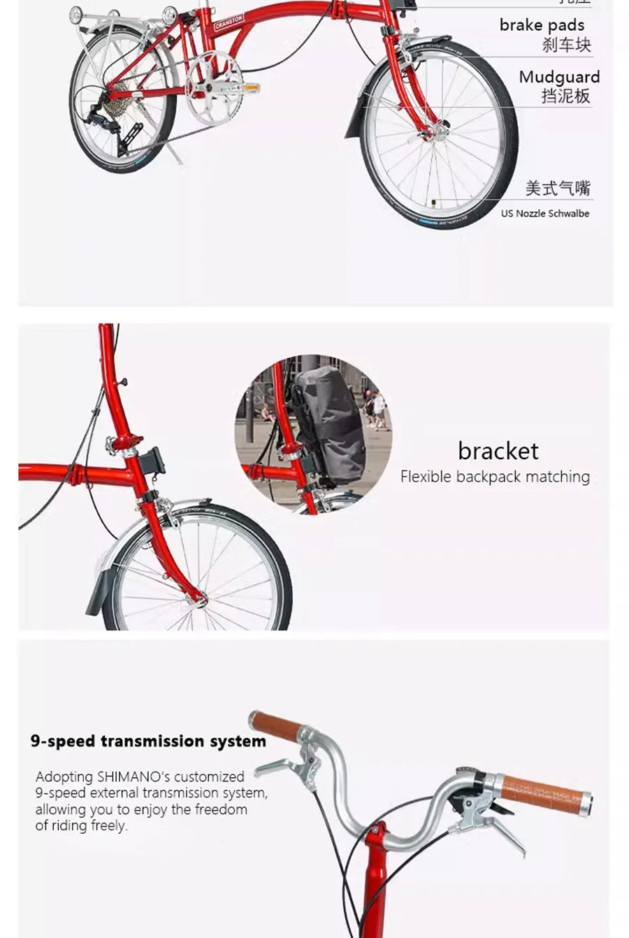 CRANSTON 20 Inch 9 Speed CRMO Tri Fold Frame Dual V-Brake Portable 53T CNC Crankset 20 Inch Wheel Folding Bike City Bicycle