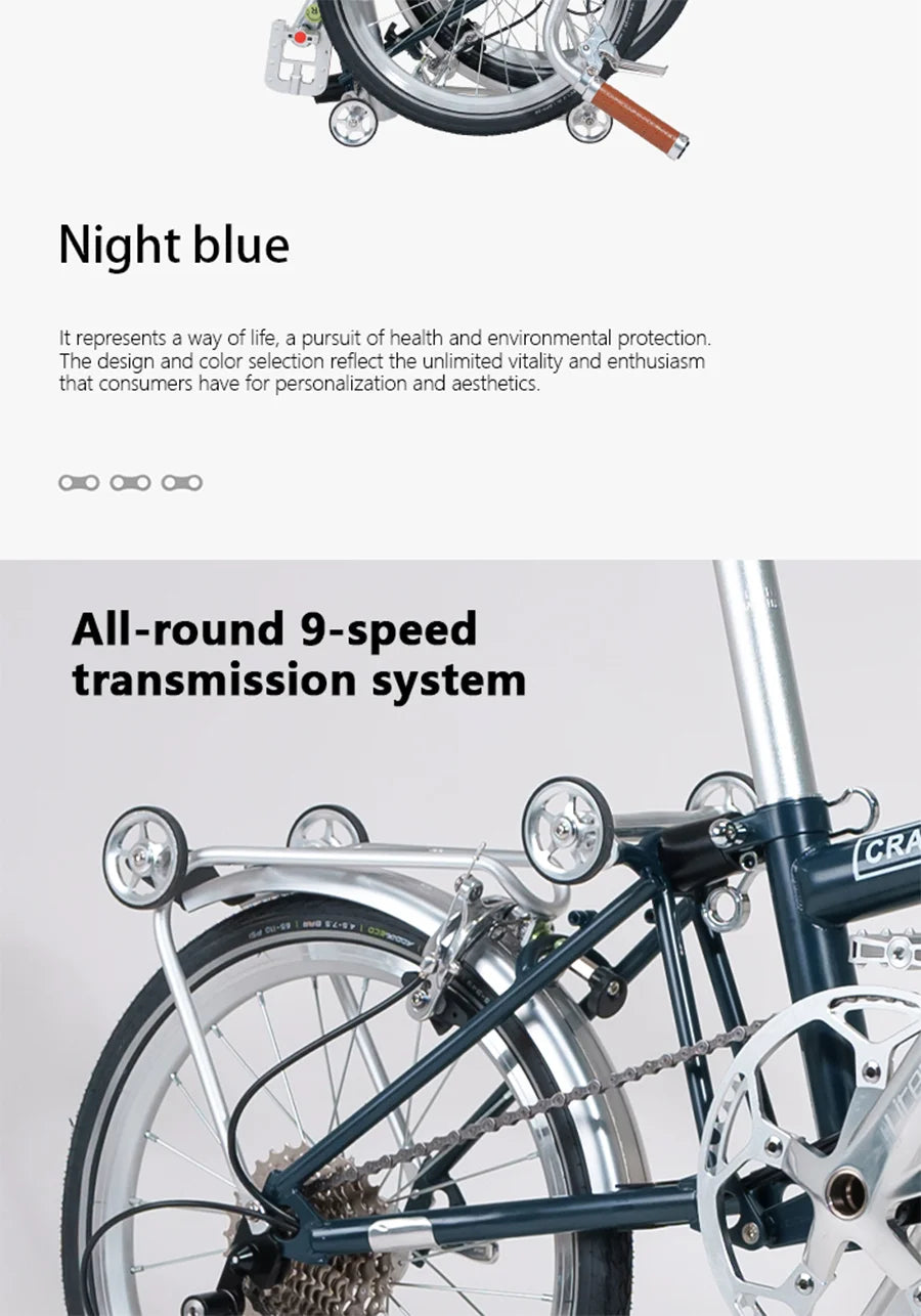 CRANSTON-Lightweight Folding Bicycle for Adults Portable Road Bike Outdoor City Bike Night Blue M/ S Handle 9-Speed, 16 Inch