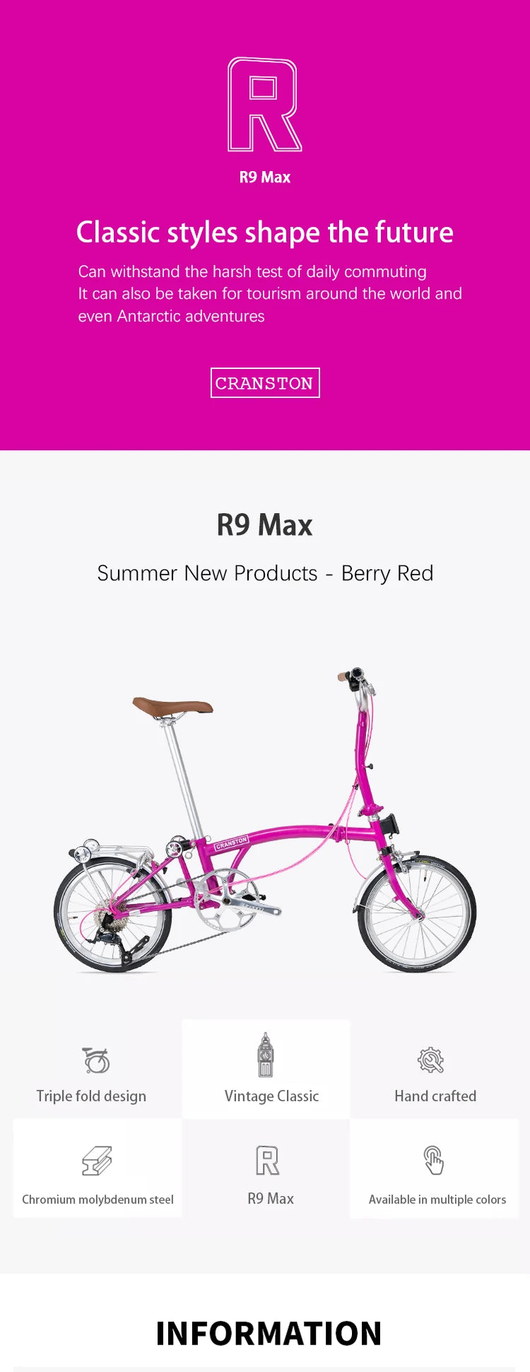 CRANSTON R9 Max 16-inch 9-speed Tri-folding Bike High Quality Steel Frame Light Weight Foldable Bike S bar M BAR Folding Bicycle
