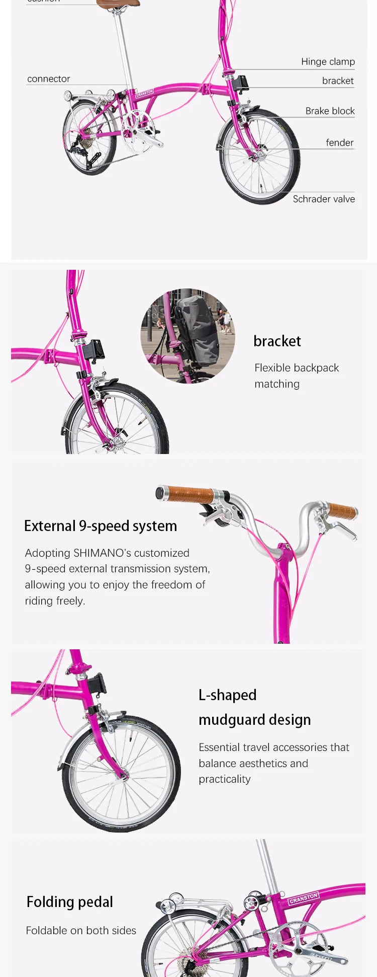 CRANSTON R9 Max 16-inch 9-speed Tri-folding Bike High Quality Steel Frame Light Weight Foldable Bike S bar M BAR Folding Bicycle
