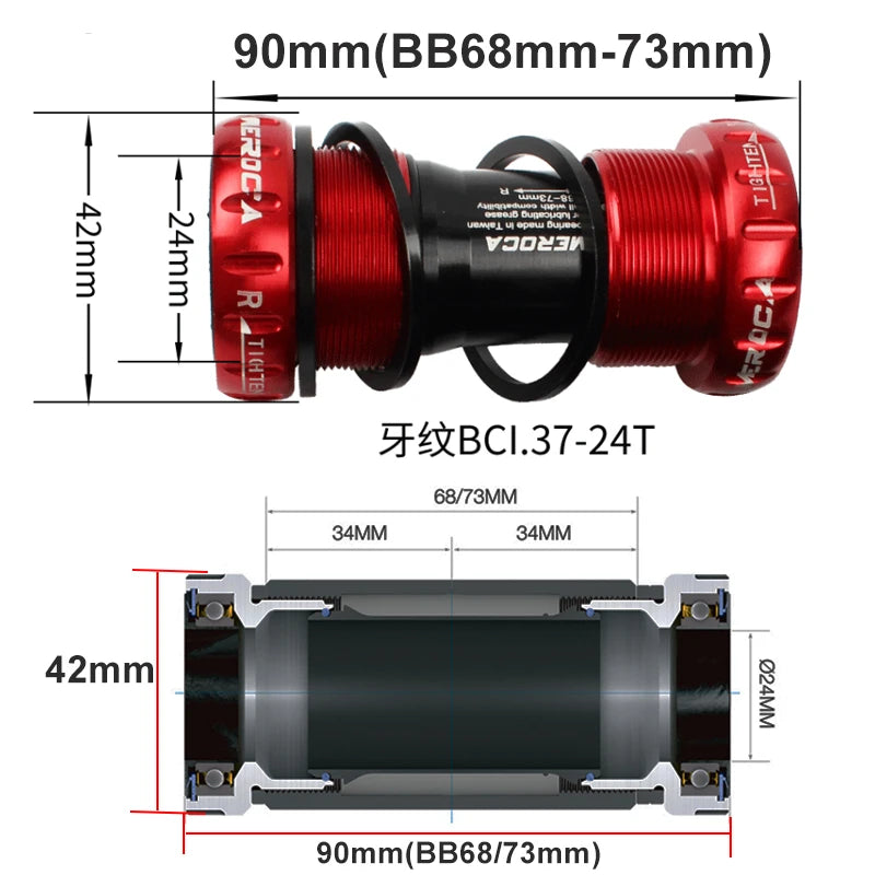 MEROCA BSA Bottom Bracket 68mm -73 Thread Lock CERAMIC Bearing BB For MTB Road Bike BCI.37-24T 24MM Bicycle Ceramic Center Axle