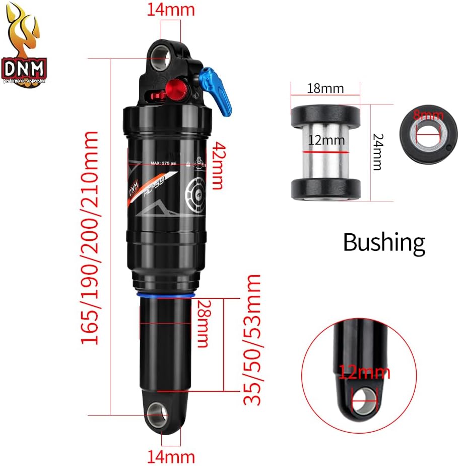 DNM AO-38RC Mtb Rear Shock Bike Air Rear Shock Rebound/Lock Out - Manual Remote - Adjustable Air Pressure (165 x 35 mm (6.50" x 1.38"))