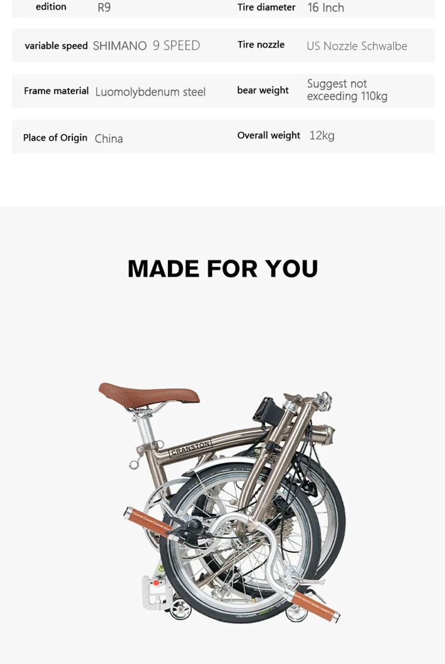 CRANSTON 16inch folding Bike 9speed High Quality Carbo Steel Tri-fold Frame Light Weight M bar Mini Foldable Bicycle