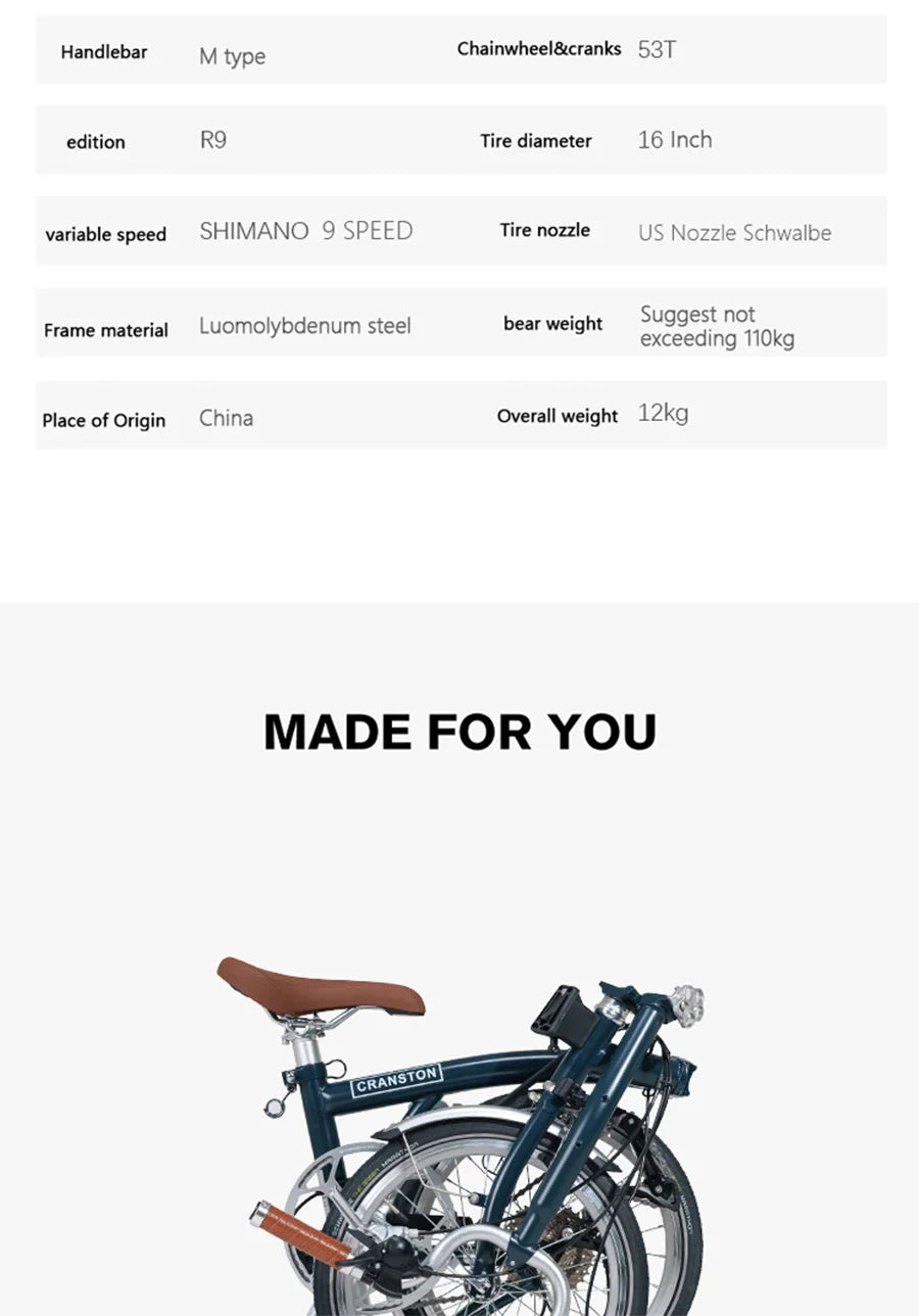Cranston 16 Inch 9 Speed Dual C-Brake Folding Bike Portable Chromoly Steel Tri Fold Frame 16 Inch Rim Foldable City Bike