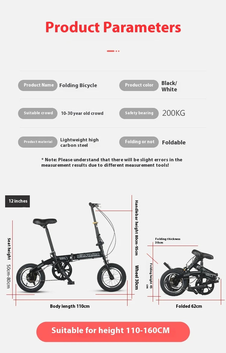 12 Small Bike cycling City Mini Folding Bicycle For Male And Female Students Portable Ultra Light Transmission Disc Brakes