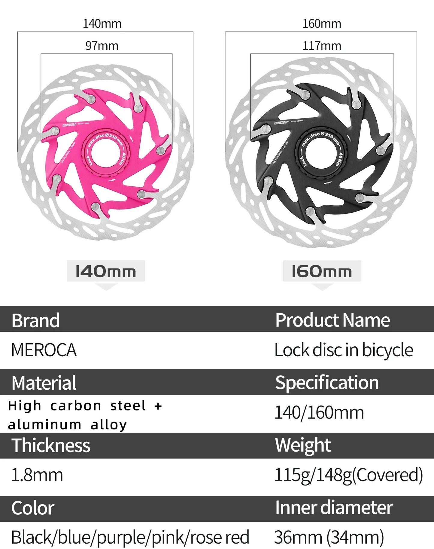 MEROCA Mountain Road Bicycle Center Lock Disc Brake Rotor 140/160mm Middle Lock Bike Disc Pads Heat Dissipation Cycling Rotors
