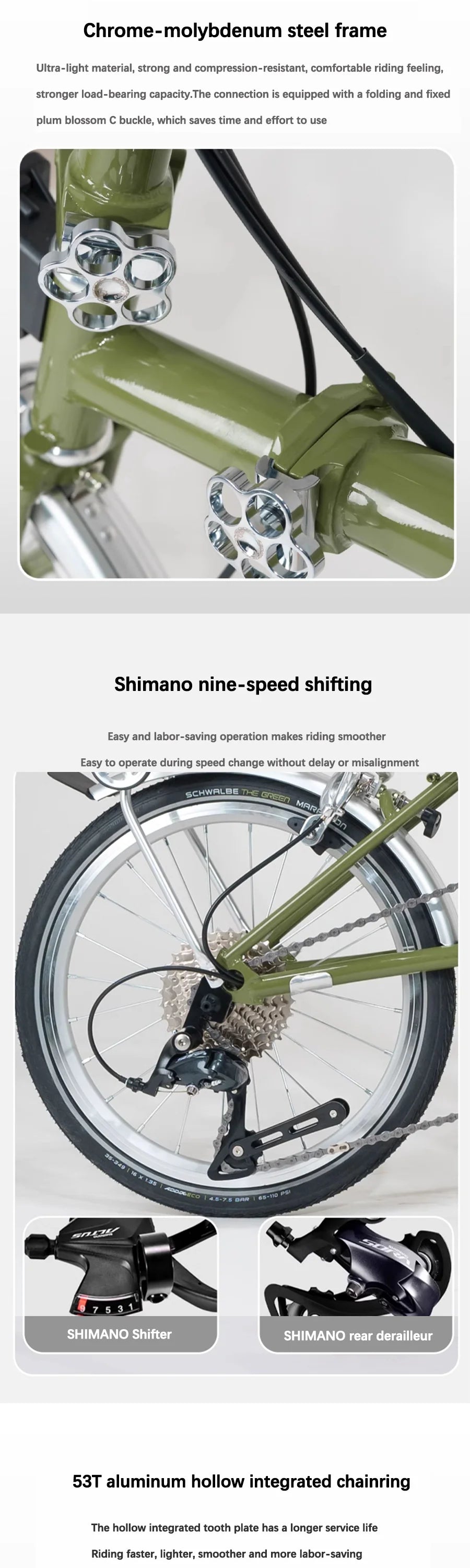 CRANSTON  R9 Max Matcha Green Triple Fold 53T Crankset 16 Inch Wheel 9-speed Foldable Bicycle Cr-Mo Frame Mini Folding Bike