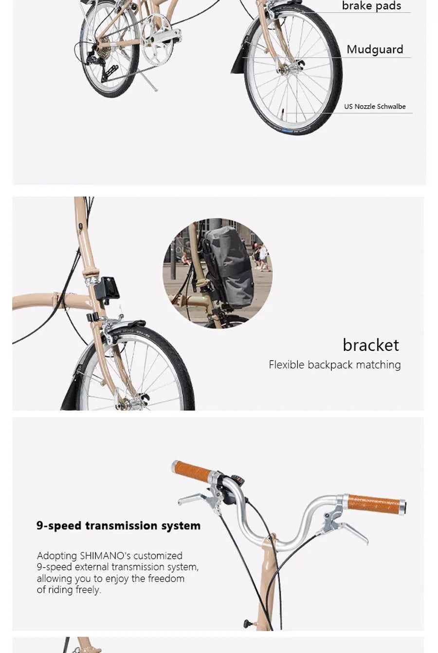 CRANSTON 16Inch 9 Speed Tri Fold Frame Folding Bicycle M handle Chrome Molybdenum Steel Bike Vehicle