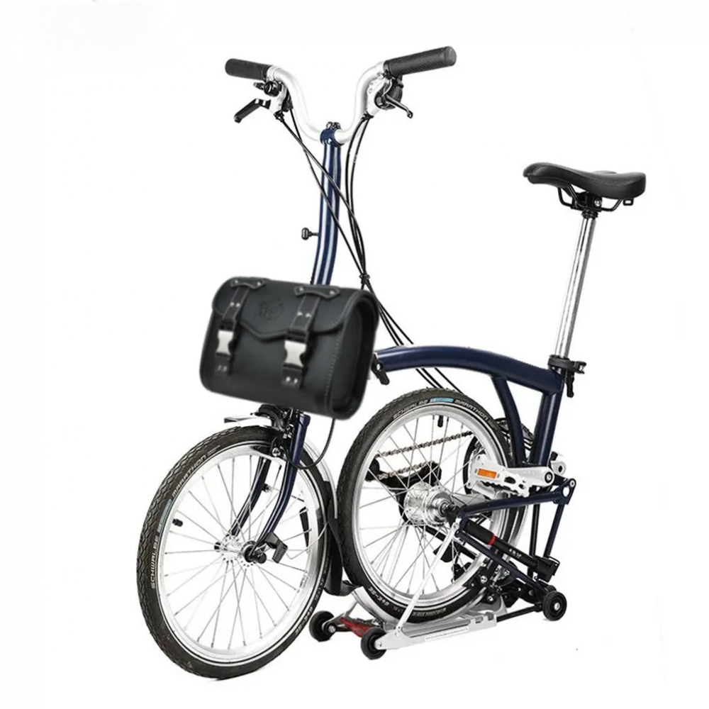 MEROCA Black Retro Leather Handlebar Bag with Silver Buckle,for Brompton/Dahon
